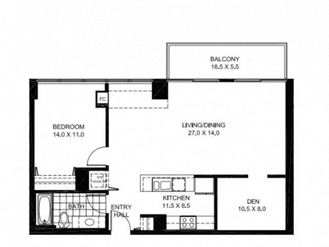 Floor plan for 1 bed, 1 bath, 968 sqft